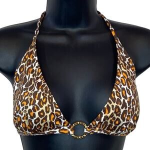 NWT BCBGMaxAzria Leopard Print Halter Bikini Top L Gold Ring Detail